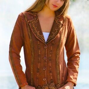 Inca Cottons Jacket Knit Southwestern Embroidered 1X Rust Brown Boho Chic